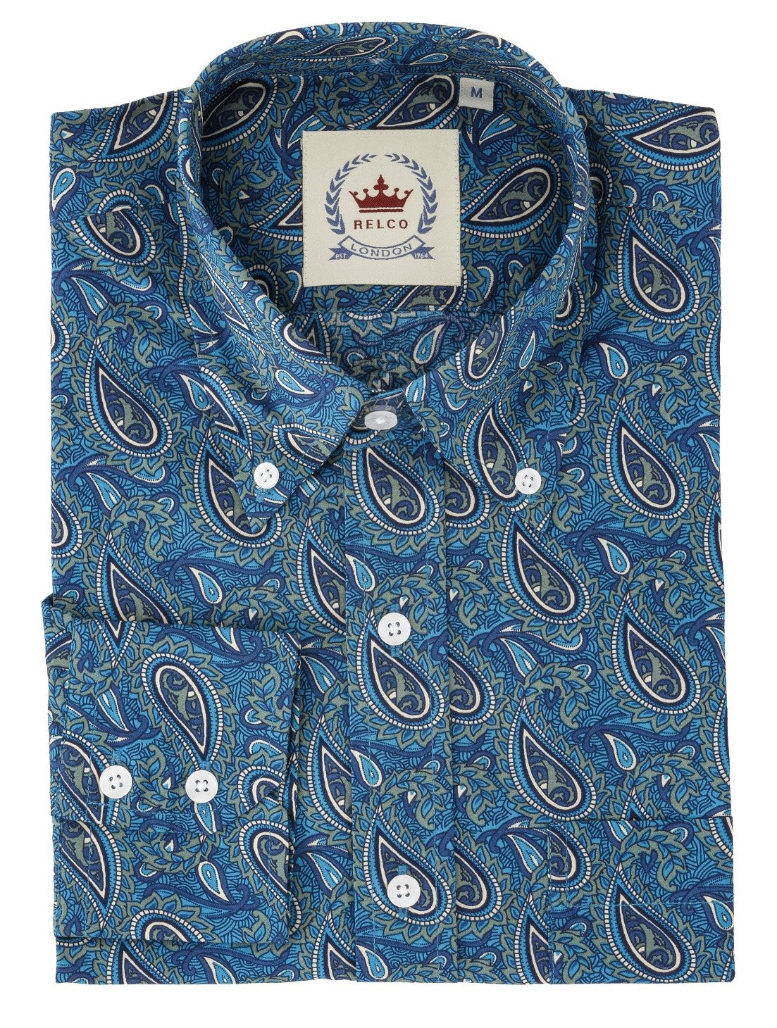 Relco blaue Paisley-Hemden aus 100 % Baumwolle mit langen Ärmeln und Knöpfen