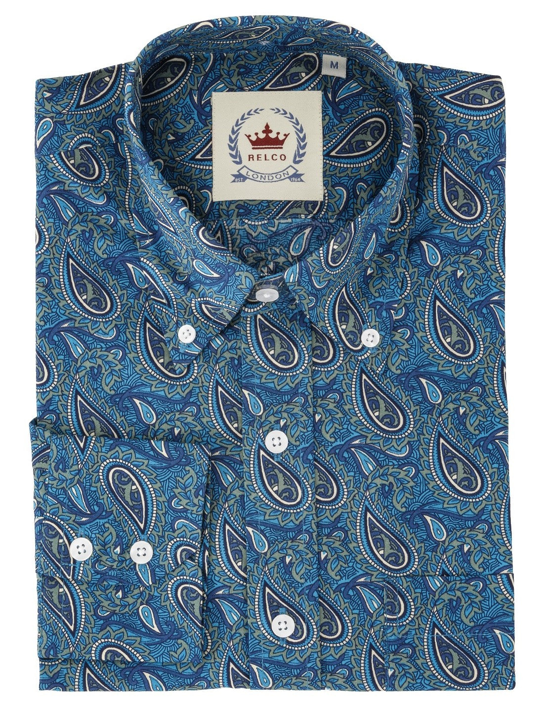 Relco blå paisley 100% bomuld langærmede button down skjorter