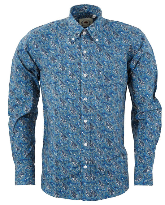 Relco blå paisley 100% bomuld langærmede button down skjorter