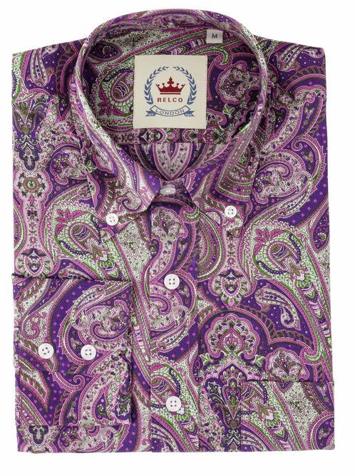 Camicie Relco viola con motivo cachemire 100% cotone a maniche lunghe