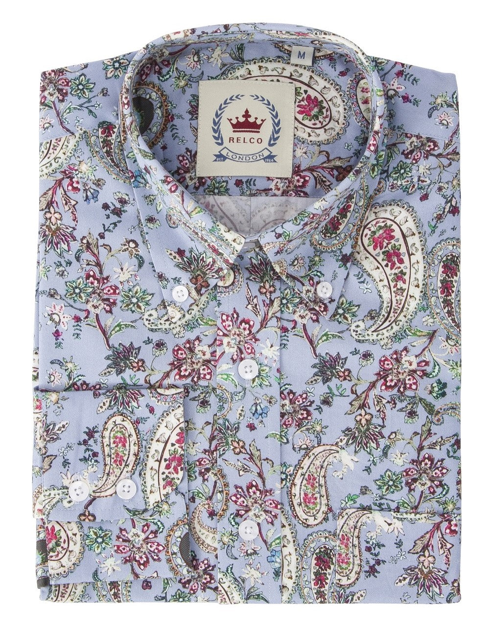 Relco Light Blue Multi Paisley Long Sleeved Retro Mod Button Down Shirt