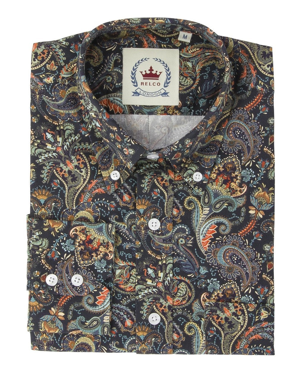 Relco Navy Paisley 100% Cotton Long Sleeved Retro Mod Button Down Shirt