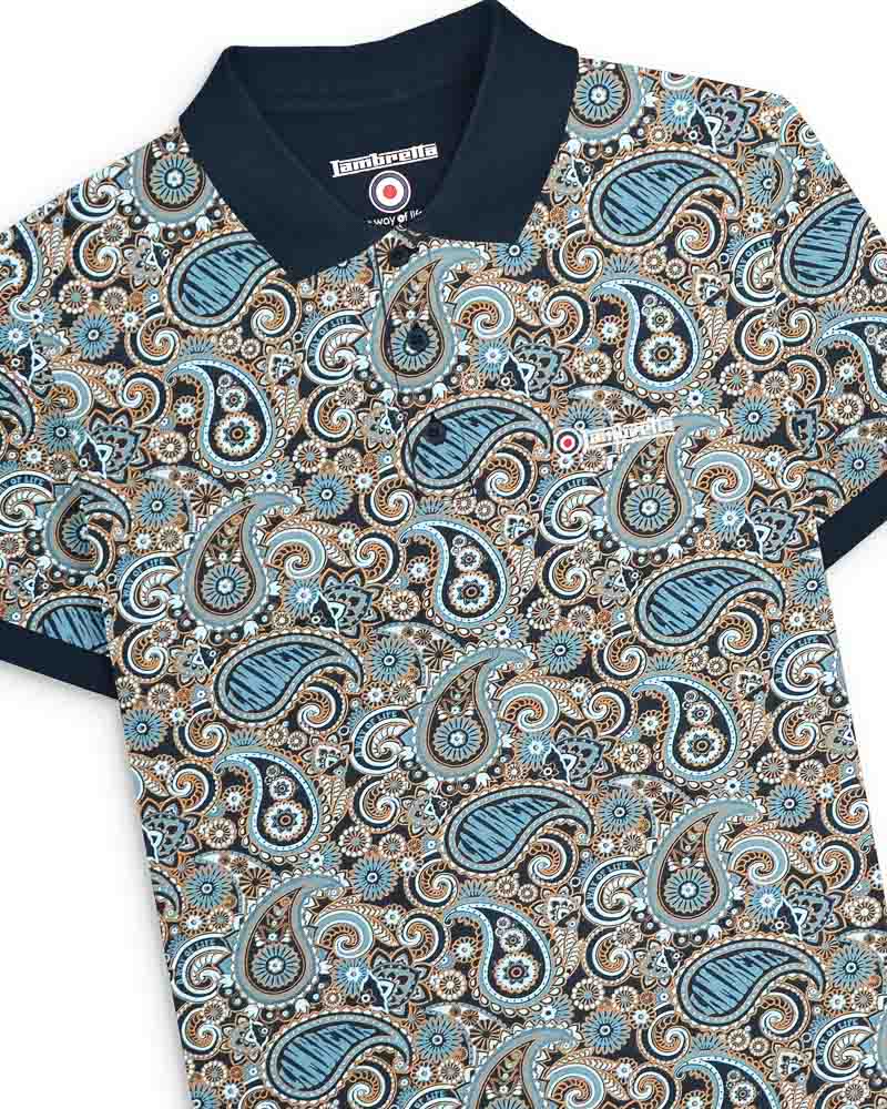 Lambretta Navy/Smoke Blue Paisley Print Polo Shirts