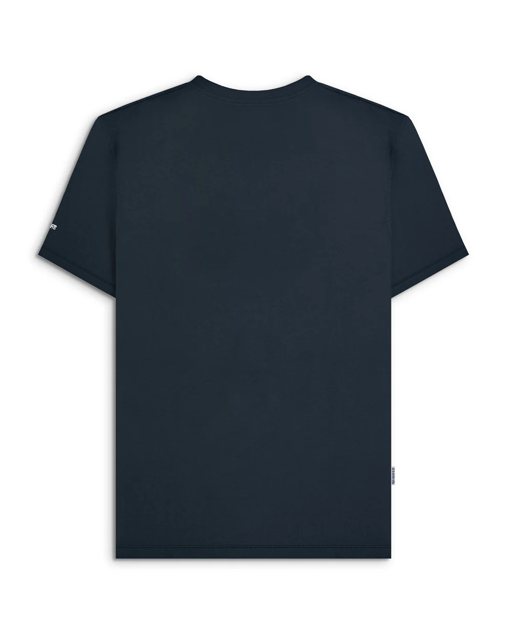 A dark navy blue short-sleeve crewneck t-shirt shown from the back, laid flat against a clean white background.