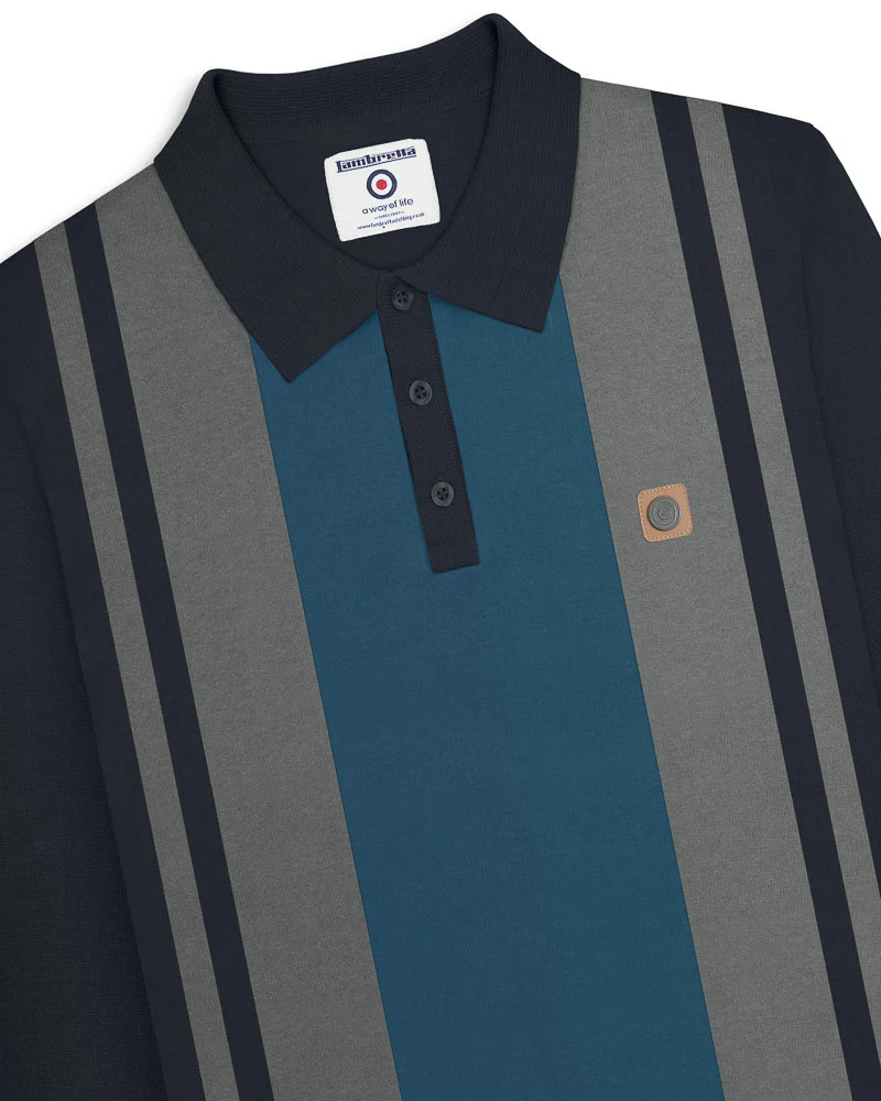 Lambretta Mens Navy Blue and Grey Striped Knitted Polo Shirt