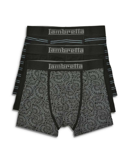 Three pairs of Lambretta boxer briefs on a white background