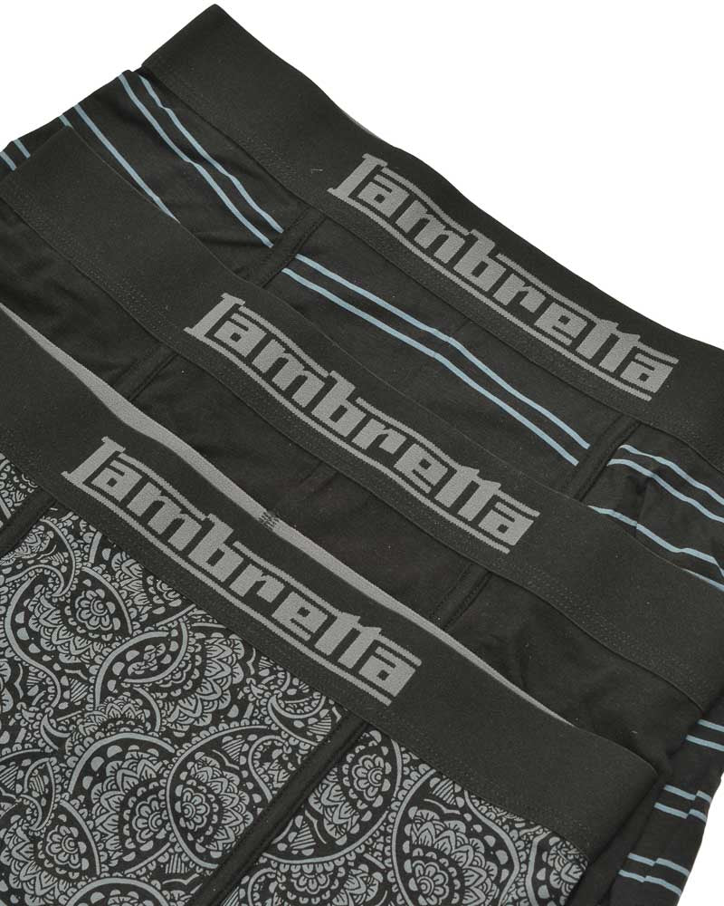 Lambretta Mens Black/Grey 3 Pair Pack Boxer Shorts
