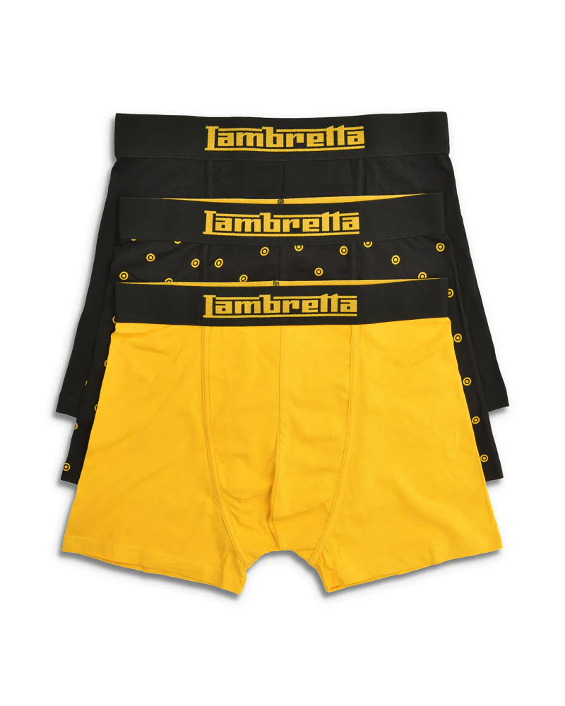 Lambretta Mens Black/Gold 3 Pair Pack 0f Multi Boxer Shorts