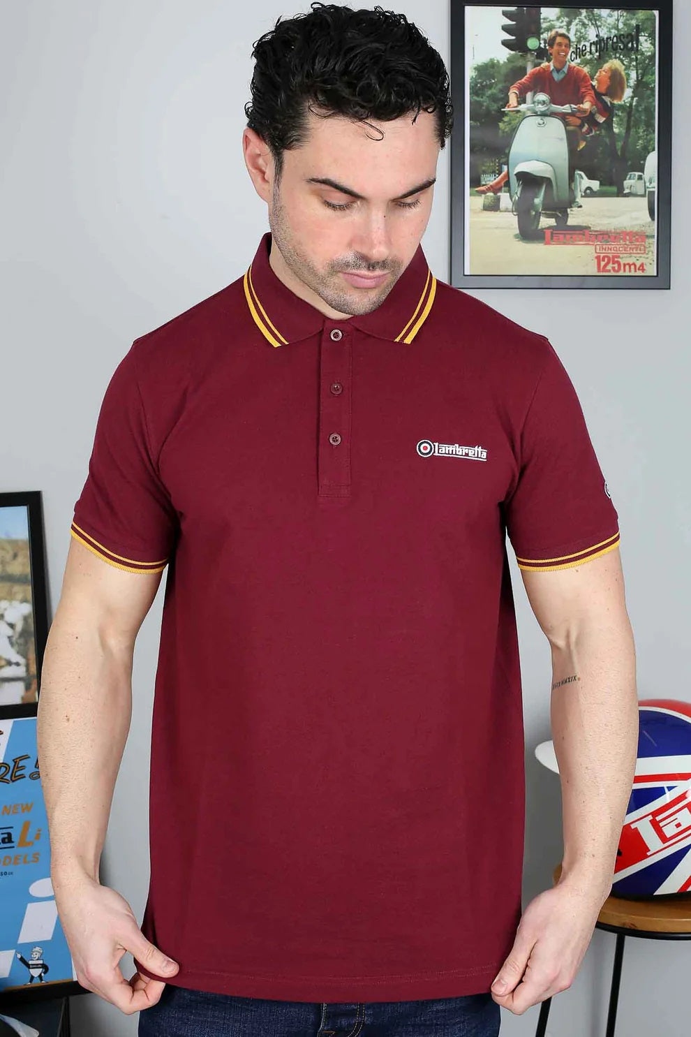 Lambretta Men`s Burgundy/Gold Tipped Tipped 100% Cotton Polo Shirts