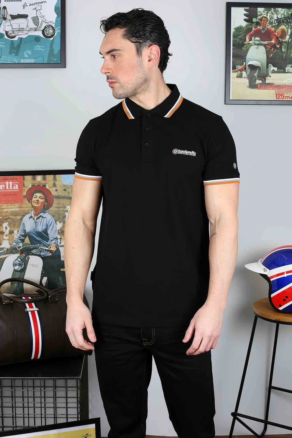 Lambretta Men`s Black Tipped Tipped 100% Cotton Polo Shirts