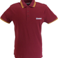 Maroon polo shirt with yellow trim on a white background