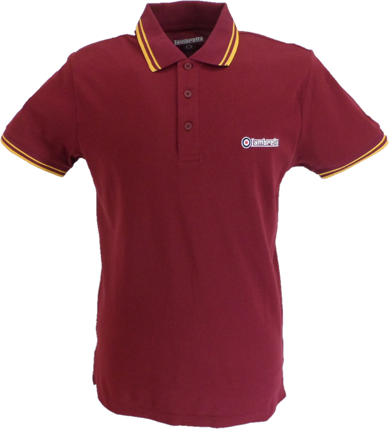Maroon polo shirt with yellow trim on a white background