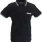 Black polo shirt with a logo on a white background