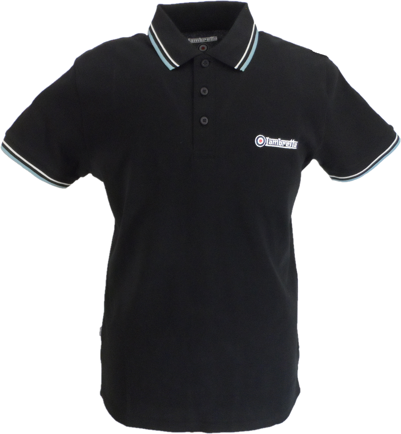 Black polo shirt with a logo on a white background