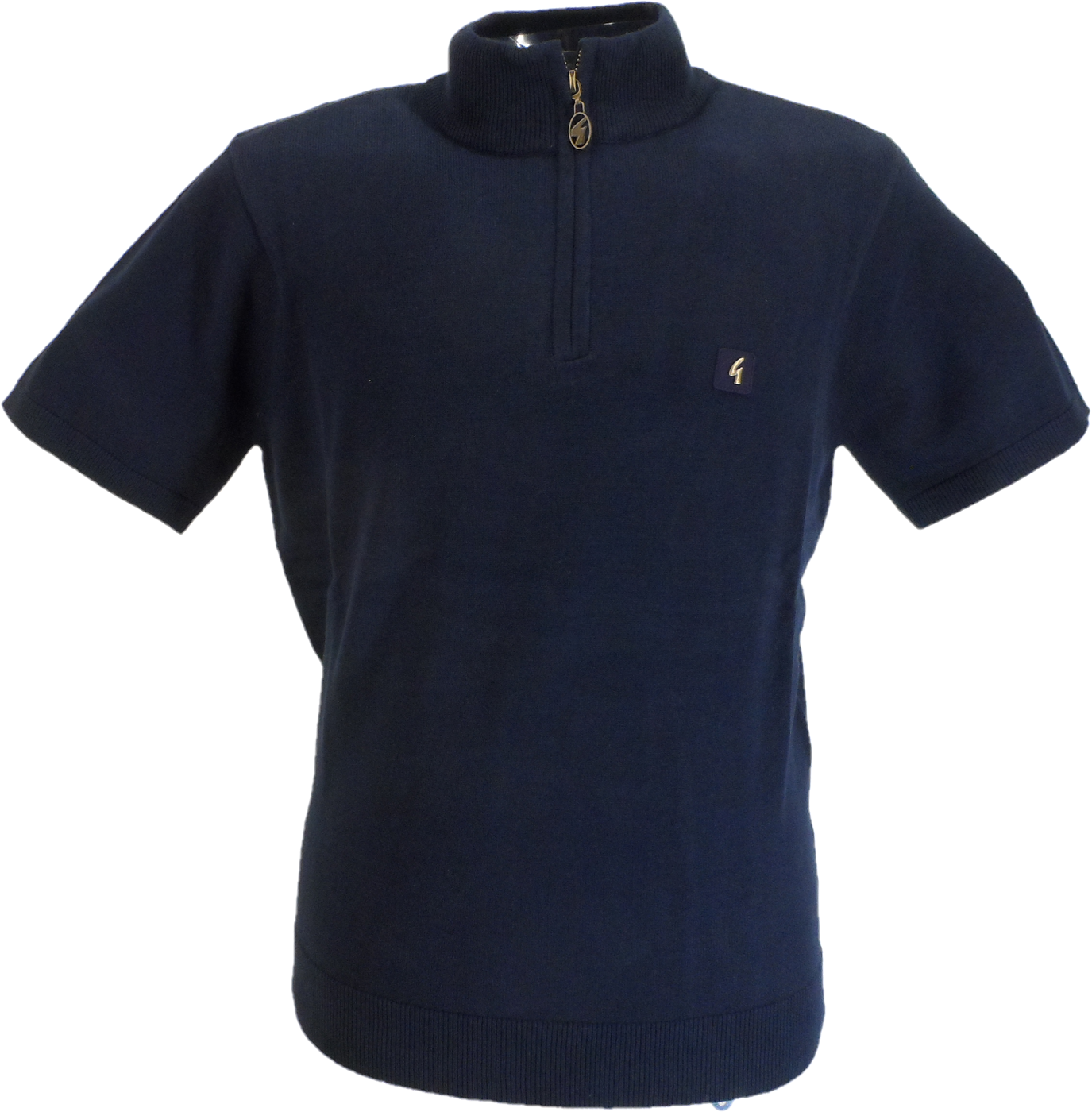 Navy blue short-sleeve shirt with a small logo on a white background