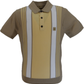 Brown and beige striped polo shirt on a white background