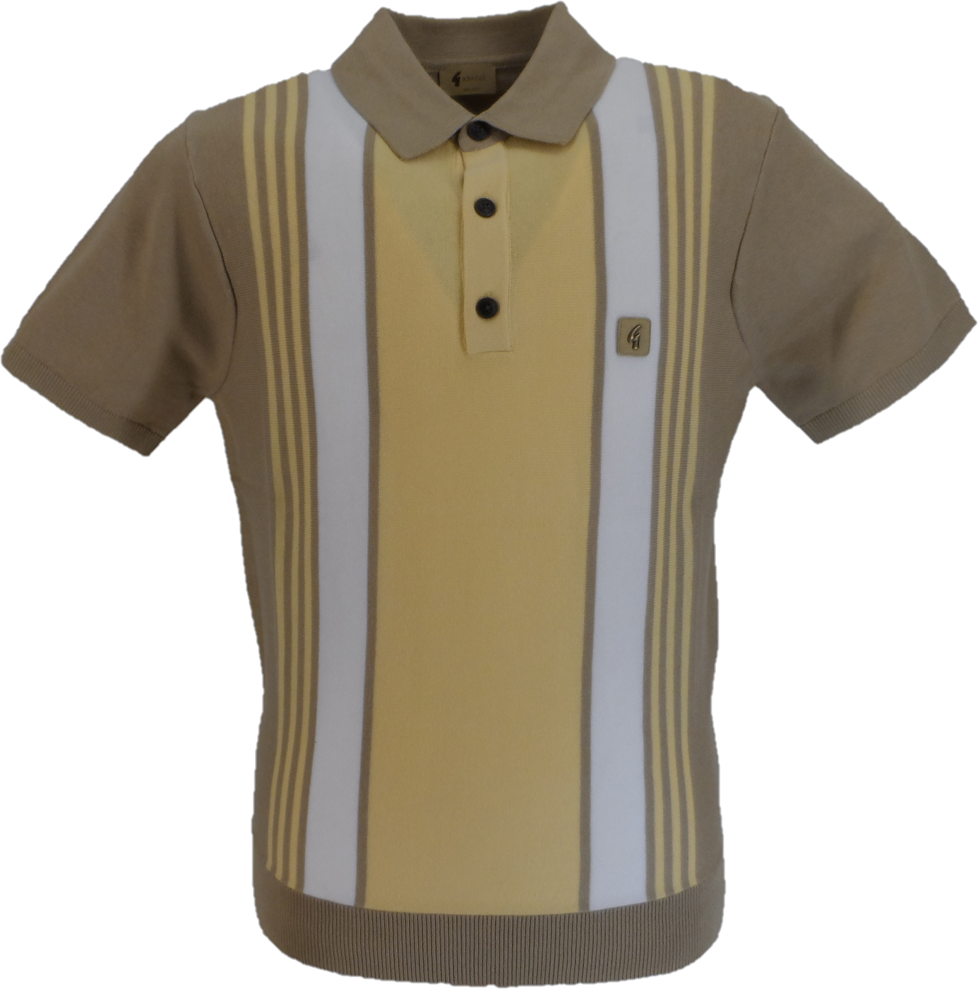 Brown and beige striped polo shirt on a white background