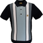 Short-sleeve polo shirt with black, white, and light blue stripes on a white background