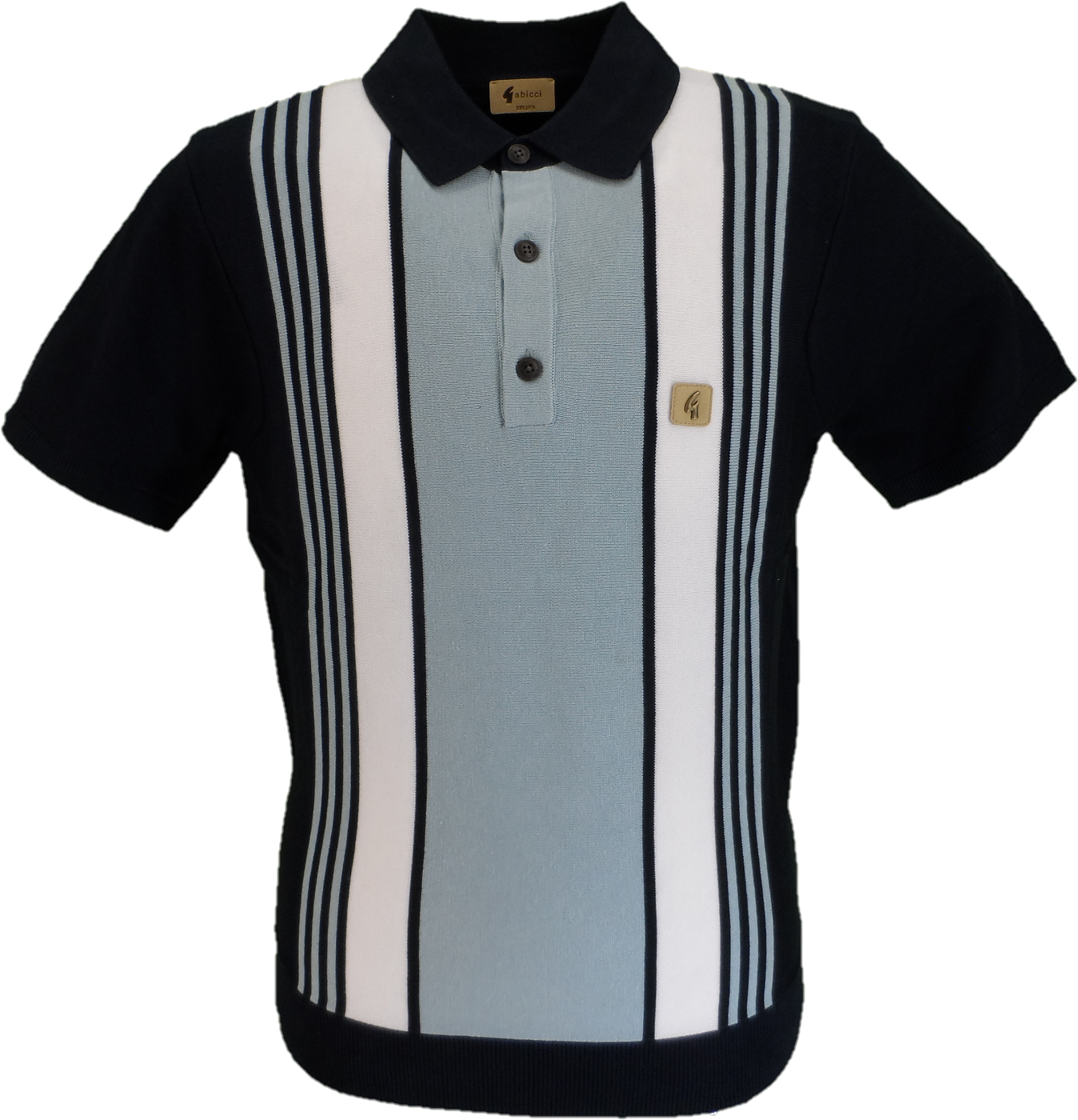 Short-sleeve polo shirt with black, white, and light blue stripes on a white background