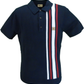 Navy blue polo shirt with red and white stripes on a white background