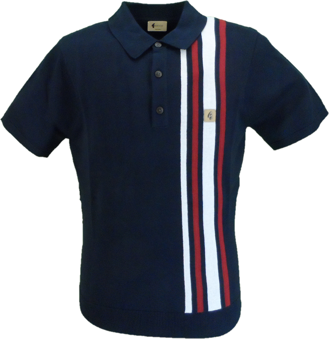 Navy blue polo shirt with red and white stripes on a white background