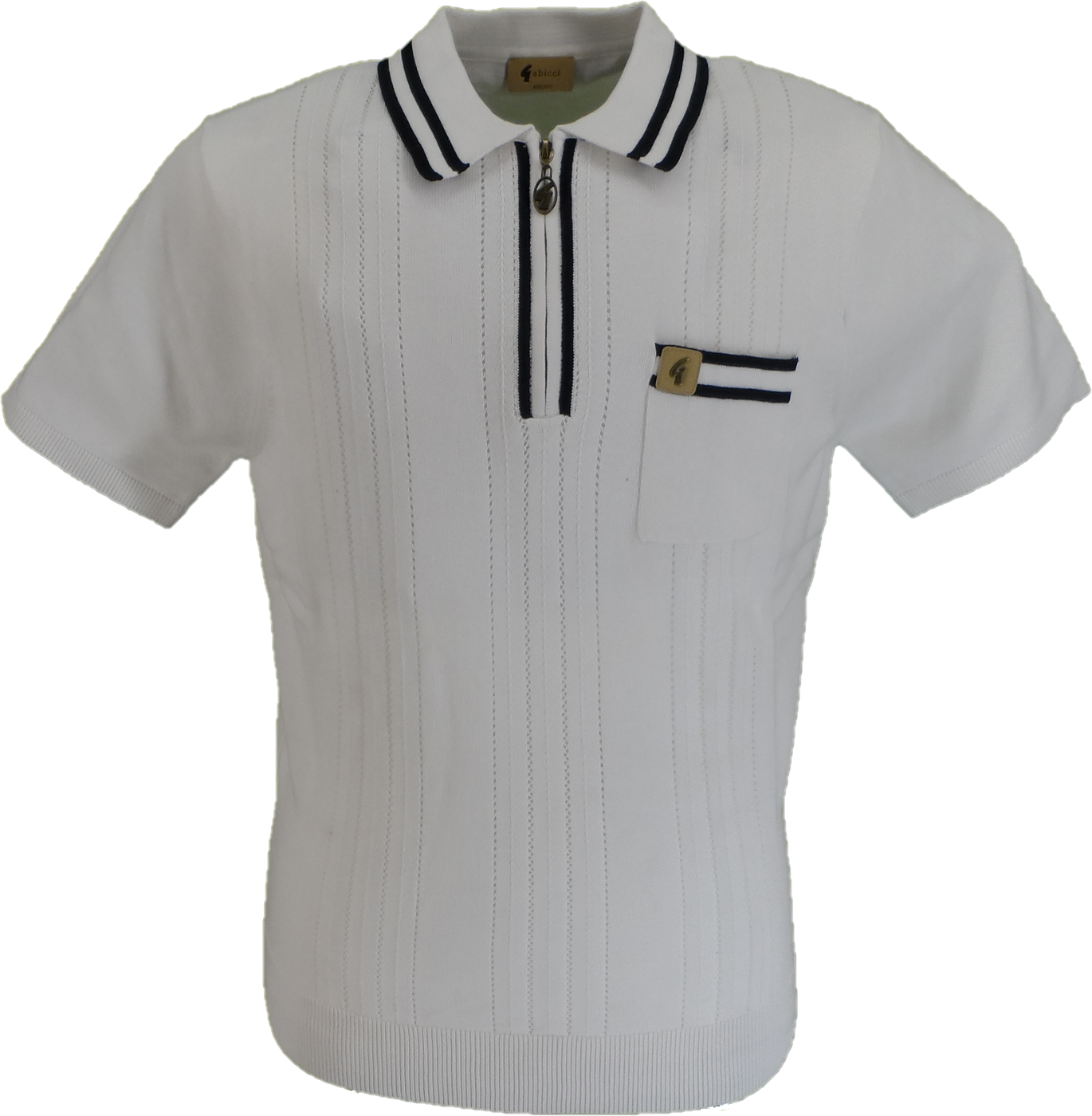 White polo shirt with black and gold accents on a white background