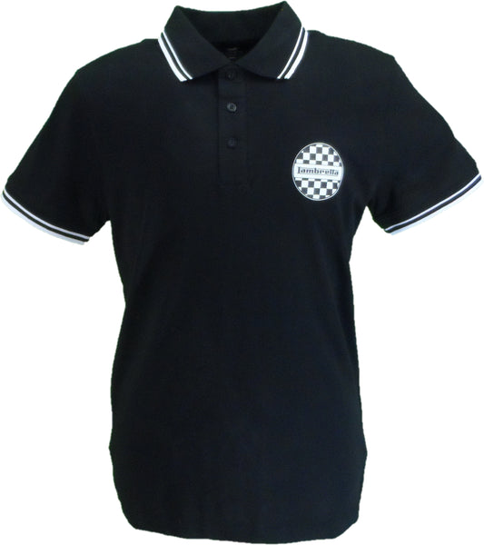 Black polo shirt with a logo on the chest against a white background