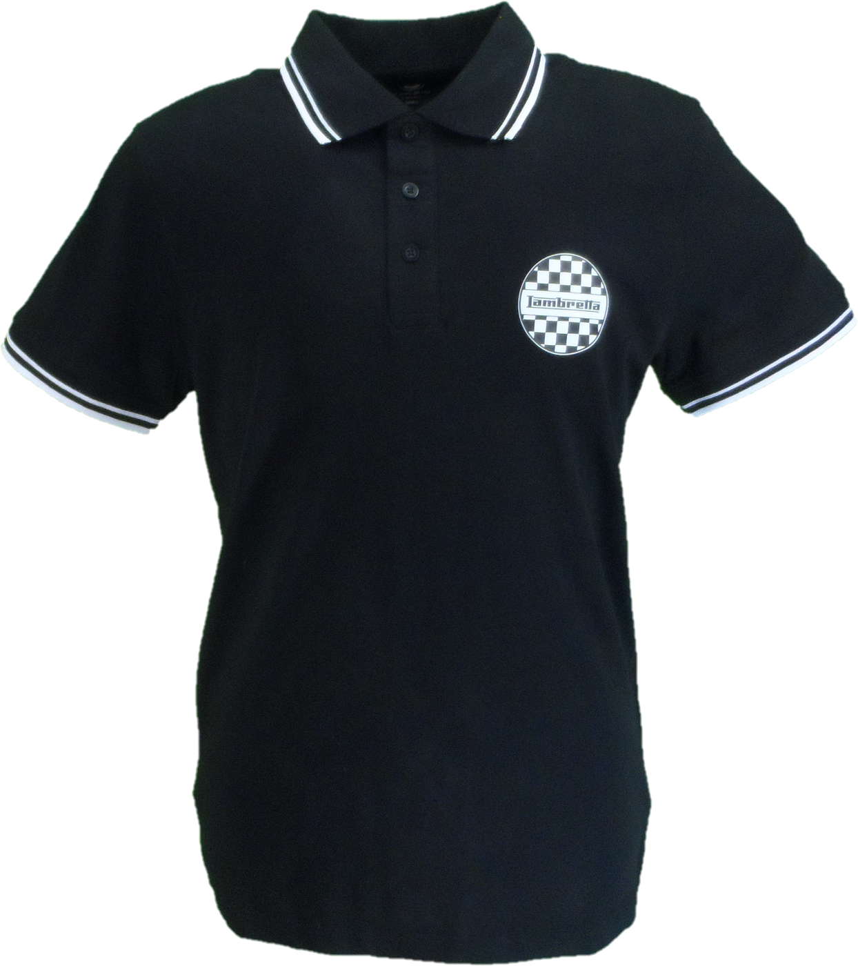 Black polo shirt with a logo on the chest against a white background