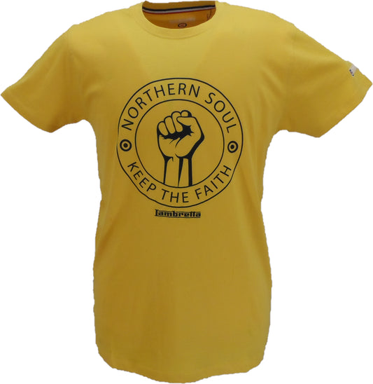 Yellow t-shirt with 'Northern Soul Keep the Faith' graphic on a white background