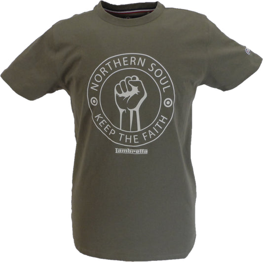 Green t-shirt with 'Northern Soul Keep the Faith' graphic on a white background