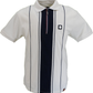 White polo shirt with black vertical stripe and logo on a white background