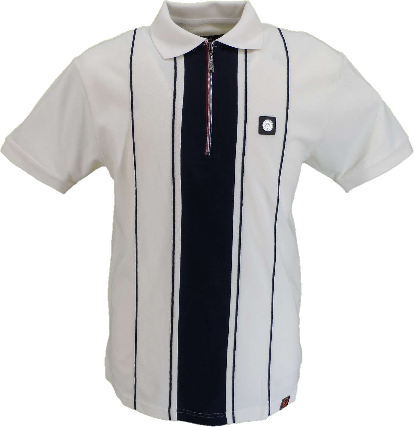 White polo shirt with black vertical stripe and logo on a white background