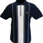 Navy and white striped polo shirt on a white background