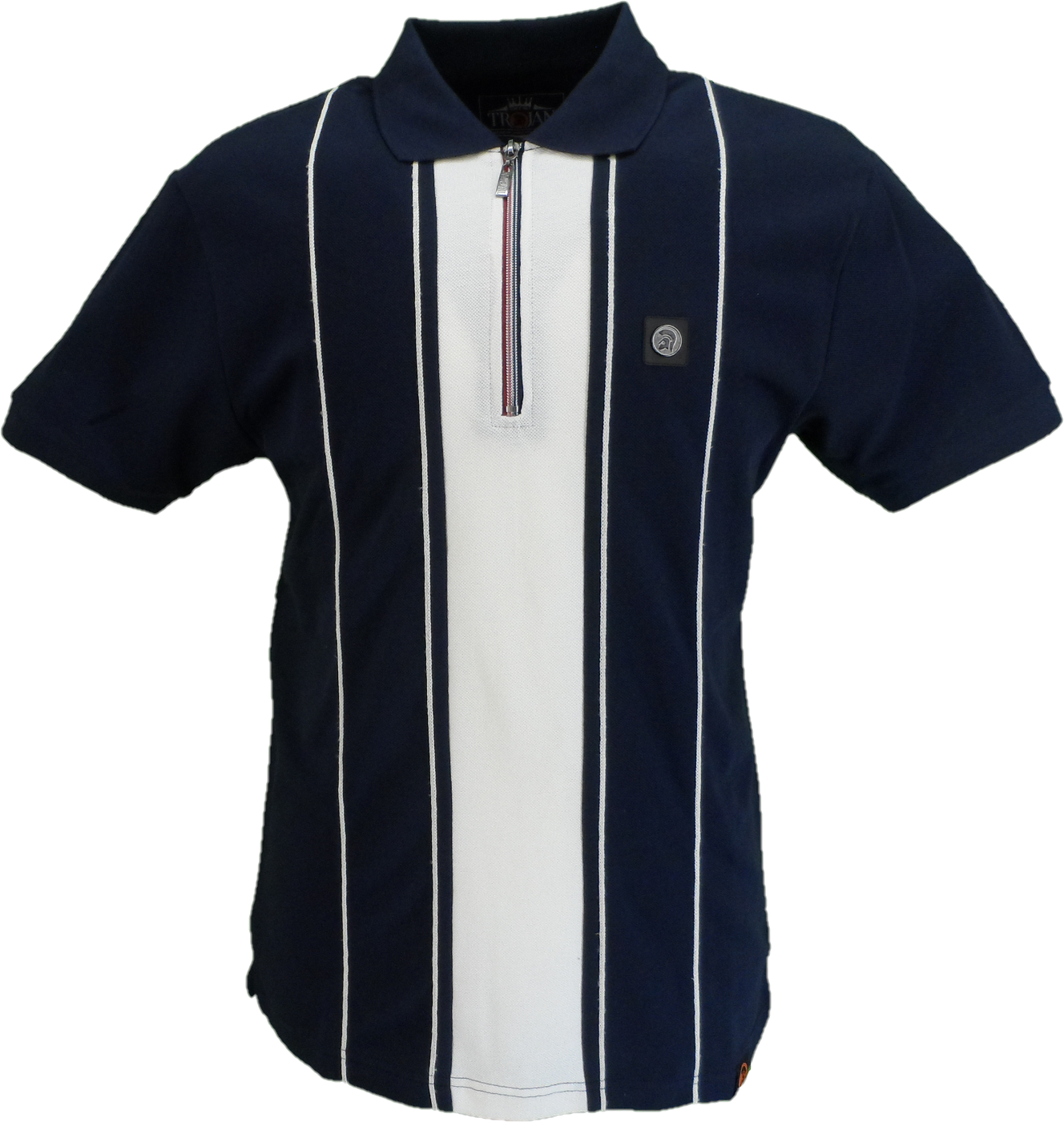 Navy and white striped polo shirt on a white background