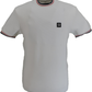 White t-shirt with black logo on a white background