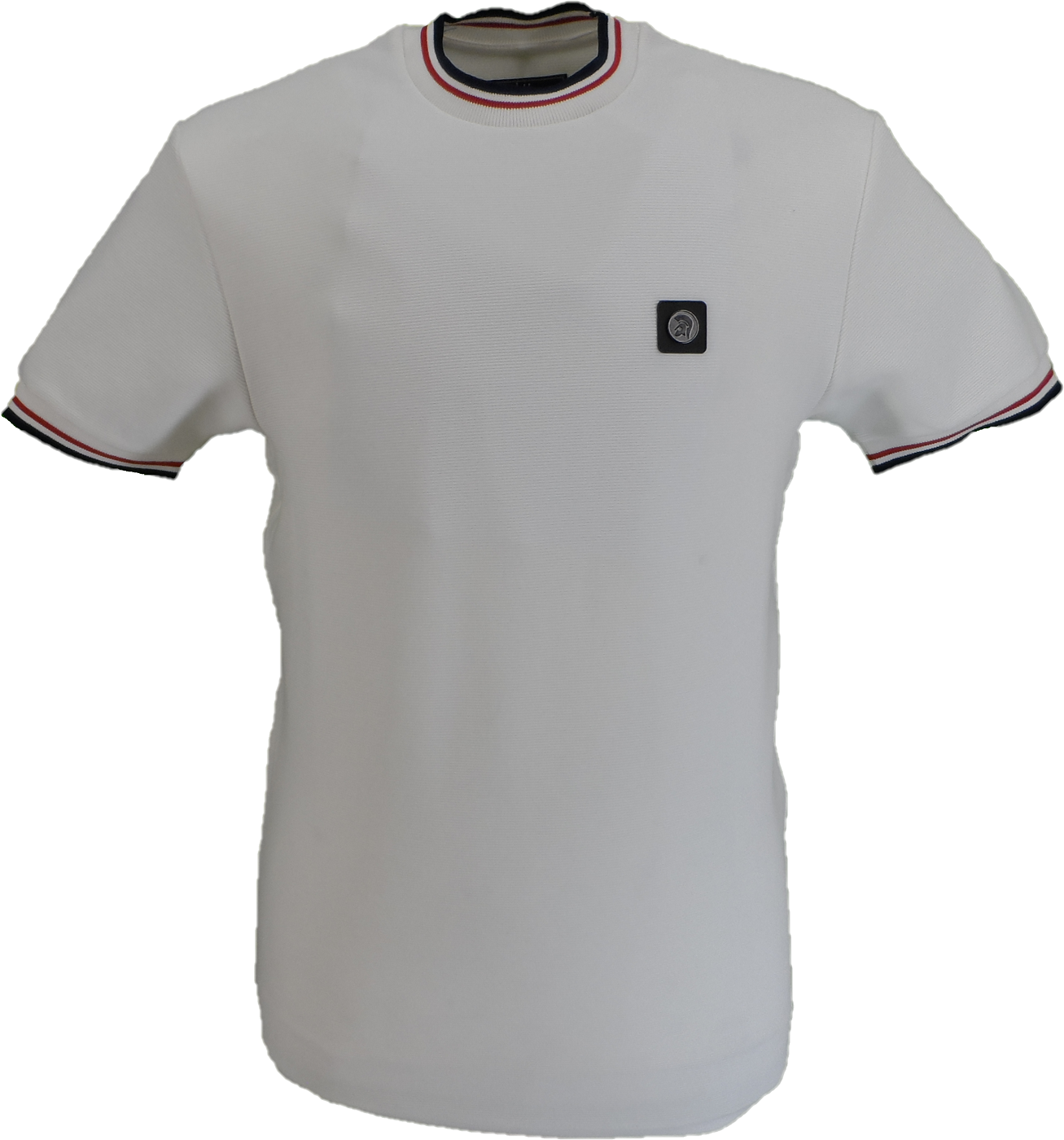 White t-shirt with black logo on a white background