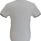 White t-shirt with red and black trim on a white background