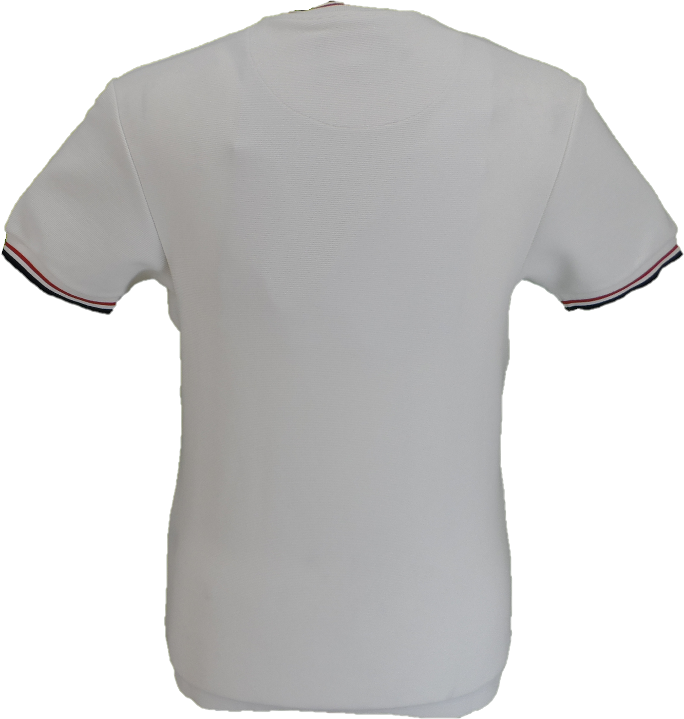 White t-shirt with red and black trim on a white background