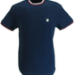 Navy blue t-shirt with white logo on a white background