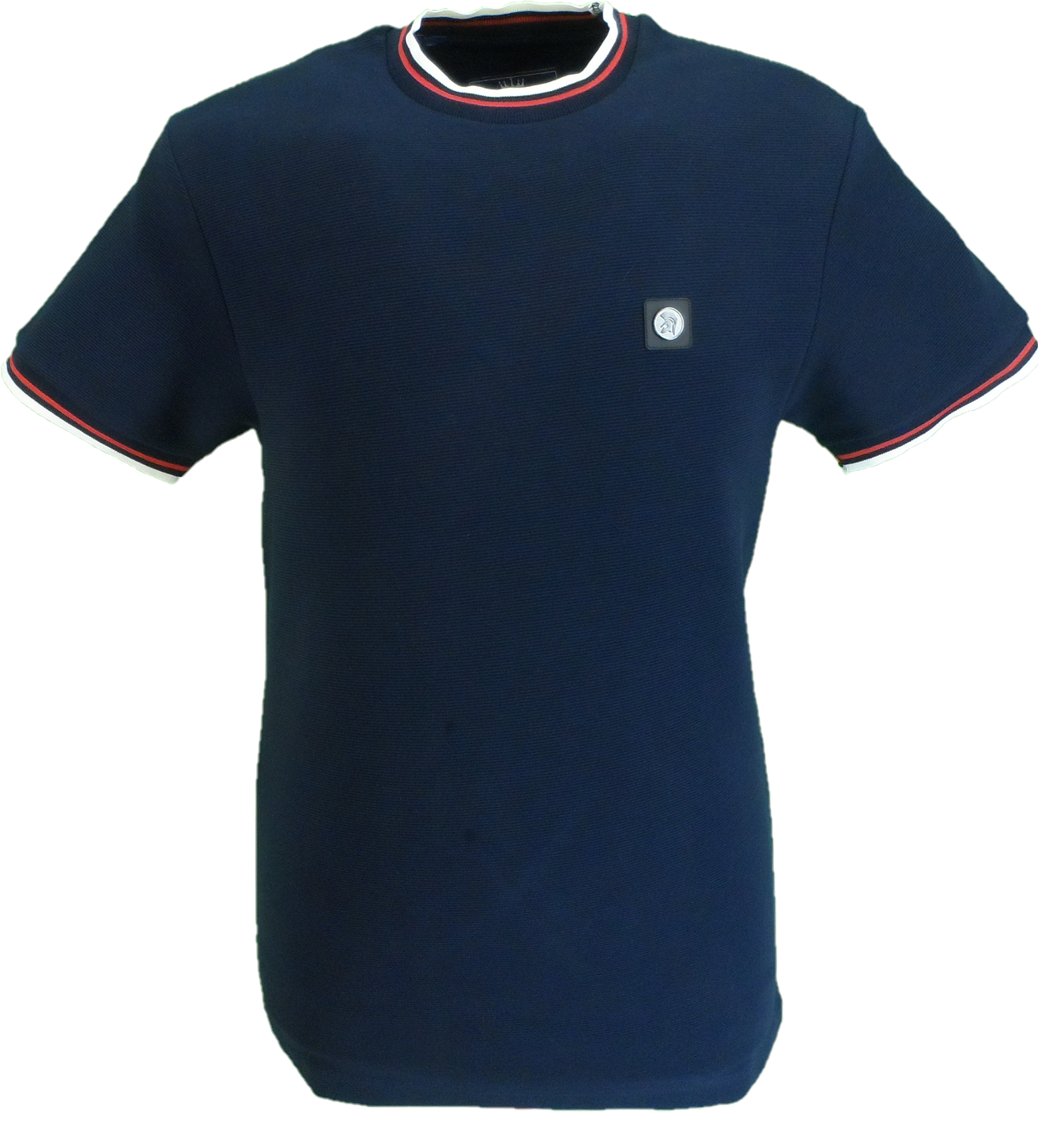 Navy blue t-shirt with white logo on a white background