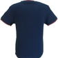 Navy blue t-shirt with red trim on a white background