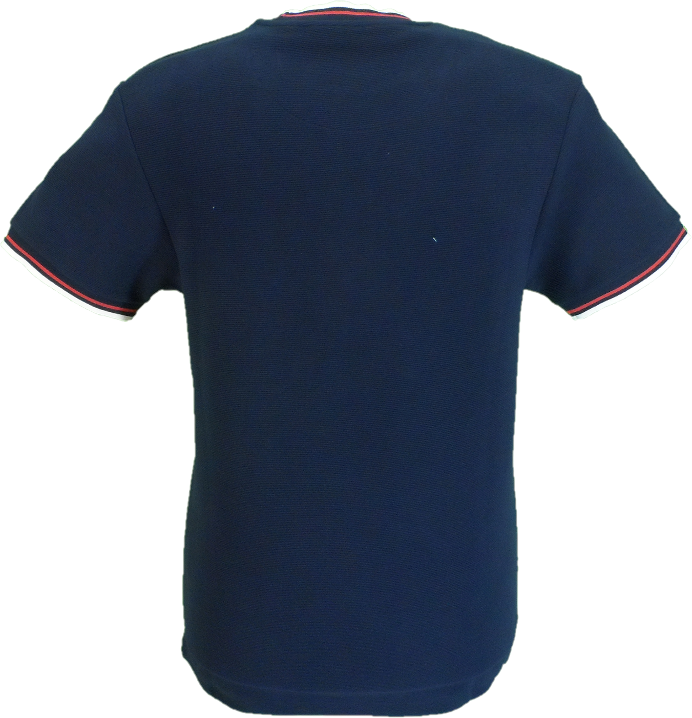 Navy blue t-shirt with red trim on a white background