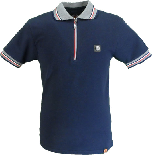 Trojan Mens Navy Blue Oxford Collar Rib Chrome-effect Zip Tipped Polo Shirt