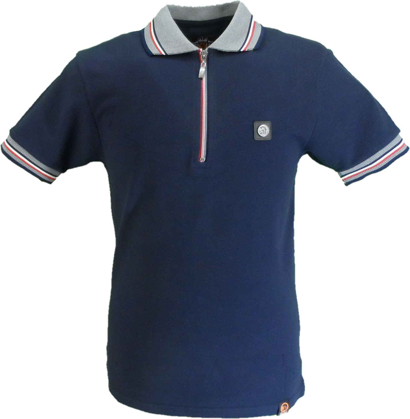 Trojan Mens Navy Blue Oxford Collar Rib Chrome-effect Zip Tipped Polo Shirt