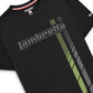 A black short-sleeve crewneck t-shirt featuring a diagonal 'Lambretta' logo across the chest in gray and olive green, with a matching diagonal striped pattern running down the front. The inner collar shows the Lambretta brand logo.