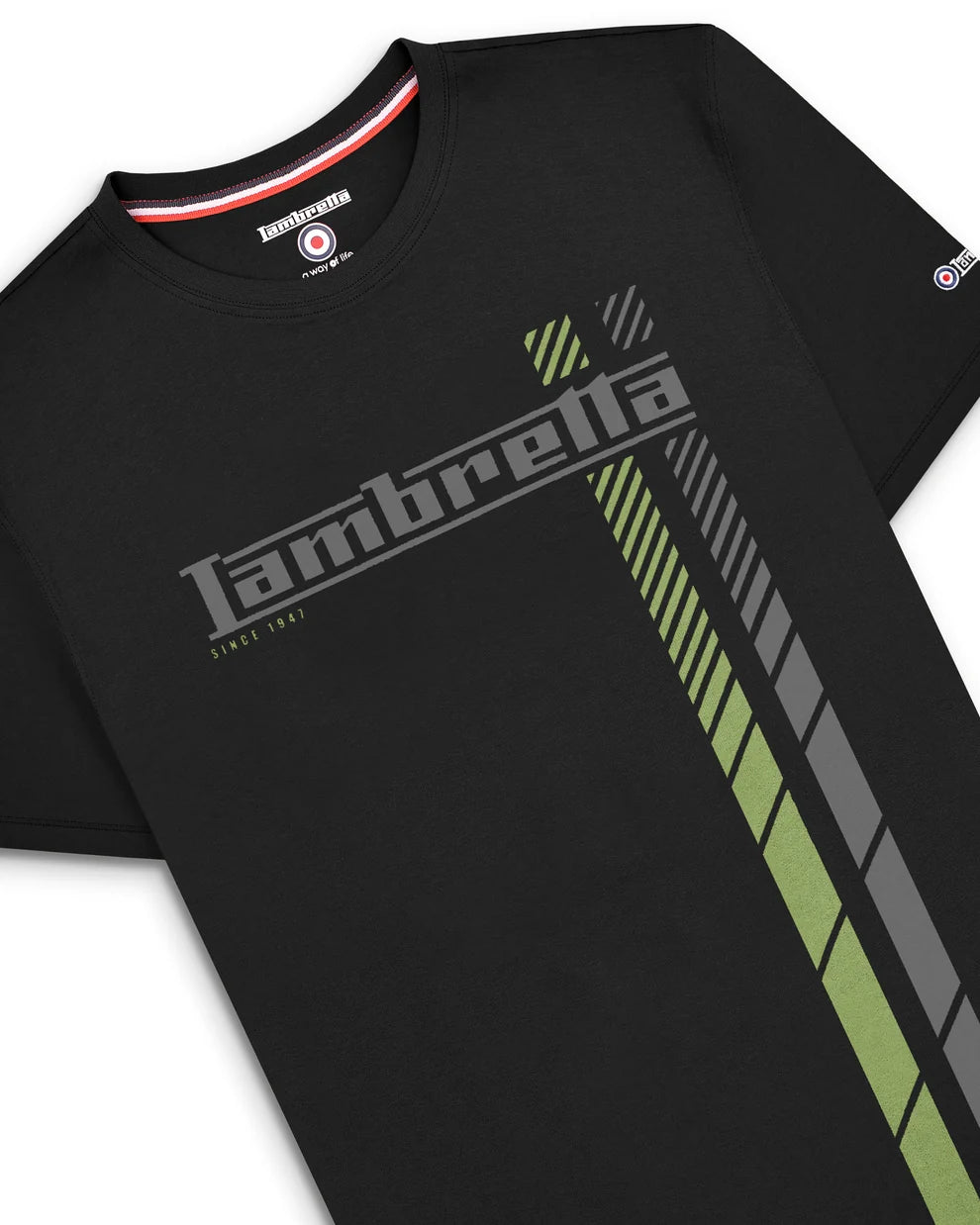 A black short-sleeve crewneck t-shirt featuring a diagonal 'Lambretta' logo across the chest in gray and olive green, with a matching diagonal striped pattern running down the front. The inner collar shows the Lambretta brand logo.