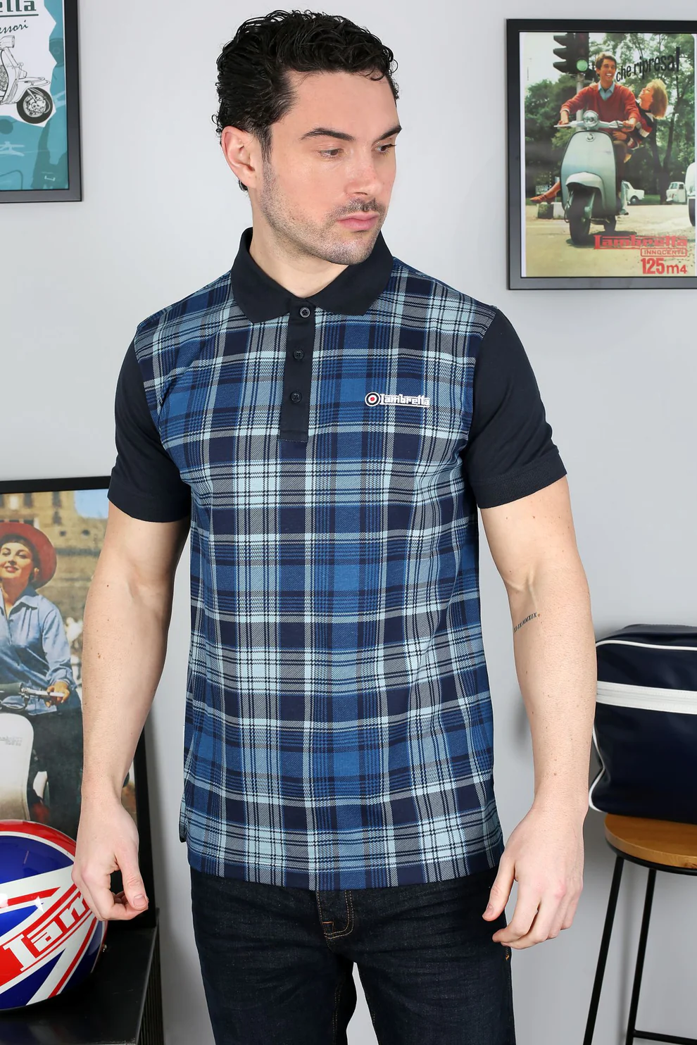 Lambretta Mens Navy Blue All Over Check Polo Shirts