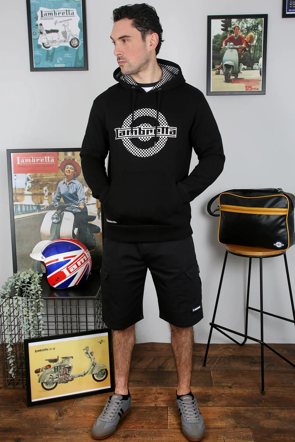 Lambretta Mens Black Check Target Hooded Top