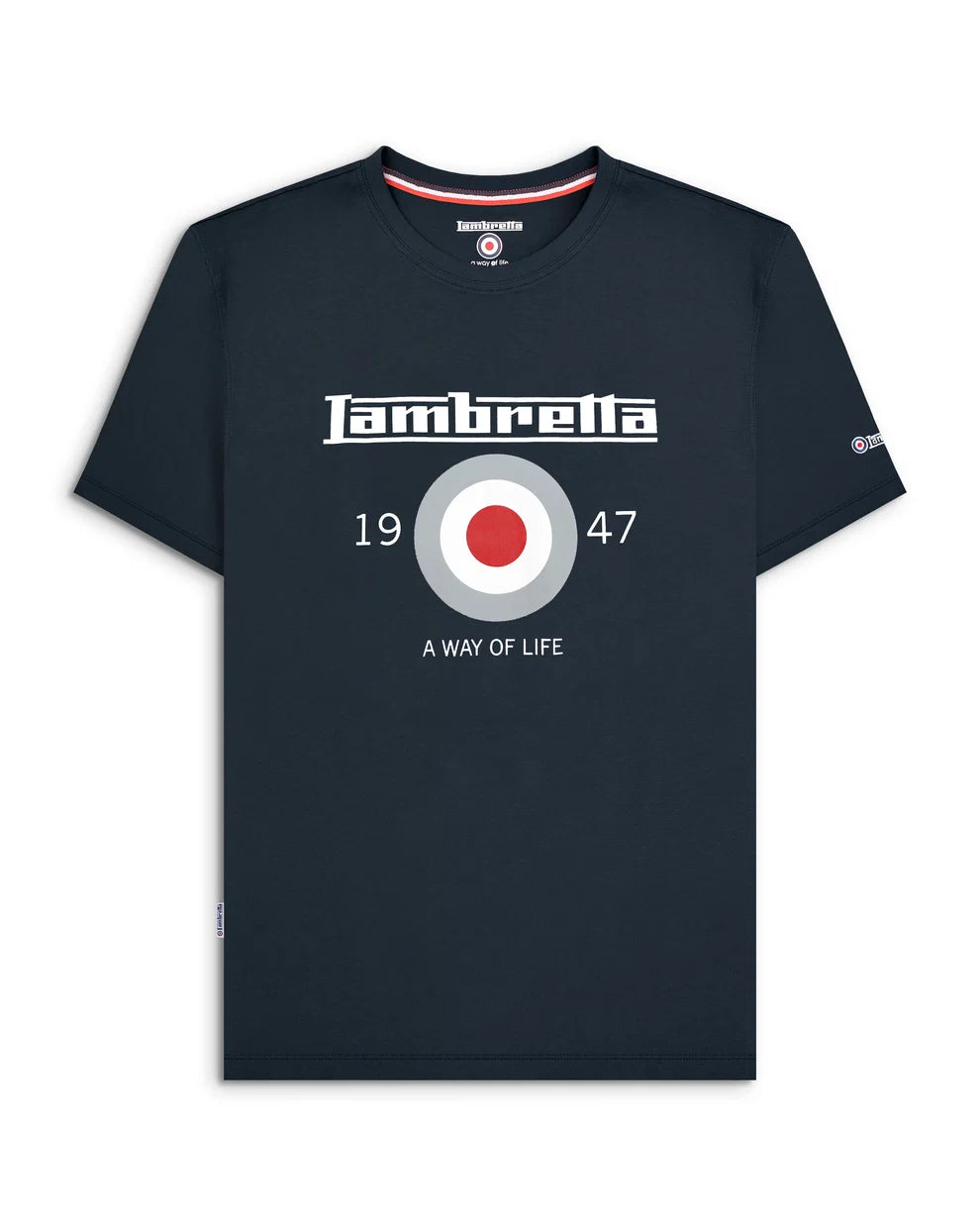A navy blue short-sleeve t-shirt with a white, gray, and red graphic on the chest featuring the brand name 'Lambretta' and the text '1947 A WAY OF LIFE'.
