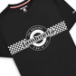 A black short-sleeve crewneck t-shirt featuring a white circular 'The Original Lamborghini' graphic with a checkered stripe design, shown on a clean white background.